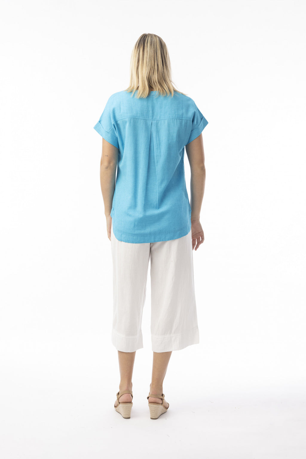 ORIENTIQUE - Linnenmix Essentials Top V hals - Aqua