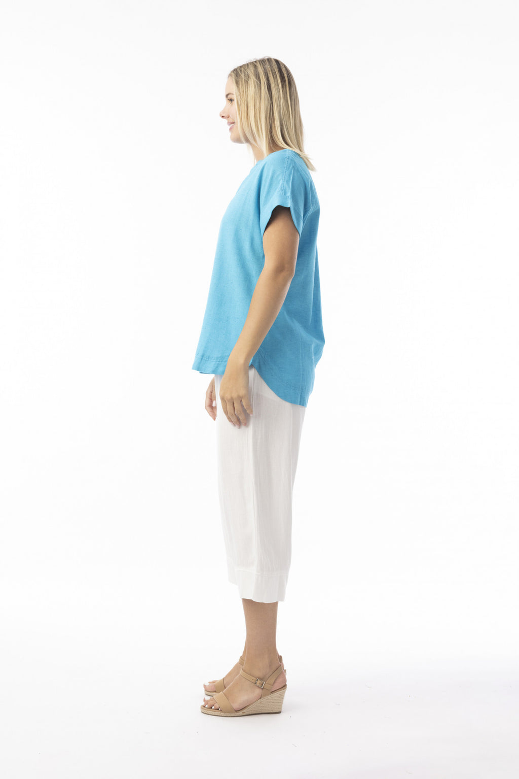 ORIENTIQUE - Linnenmix Essentials Top V hals - Aqua
