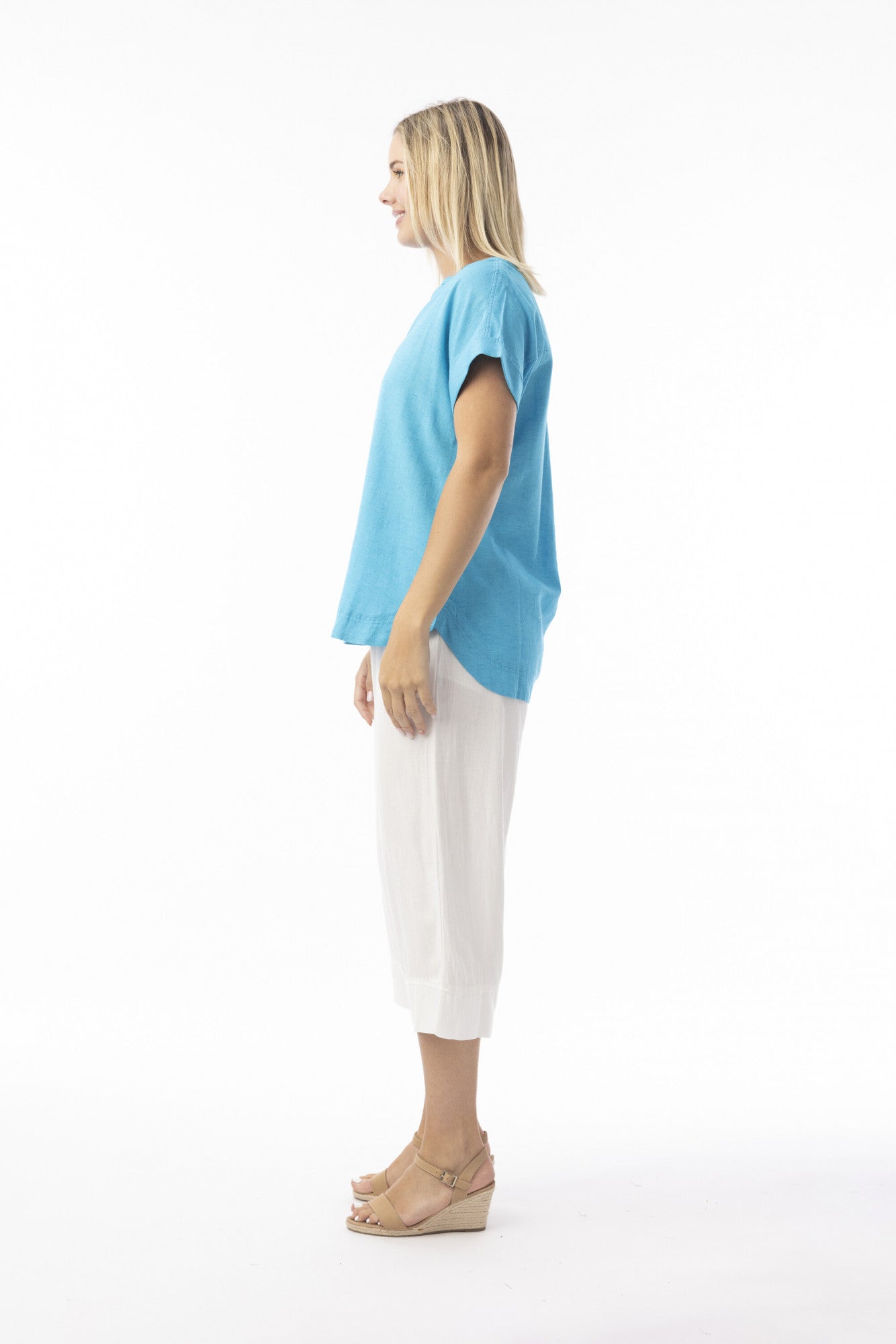 ORIENTIQUE - Linnenmix Essentials Top V hals - Aqua