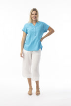 ORIENTIQUE - Linnenmix Essentials Top V hals - Aqua