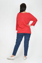 ORIENTIQUE - Trui katoen boothals 3/4 mouw - Flame Red*