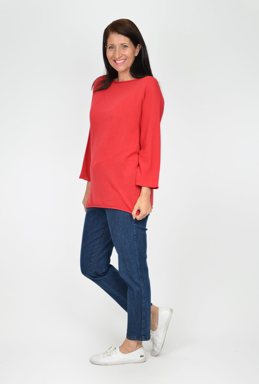 ORIENTIQUE - Trui katoen boothals 3/4 mouw - Flame Red*