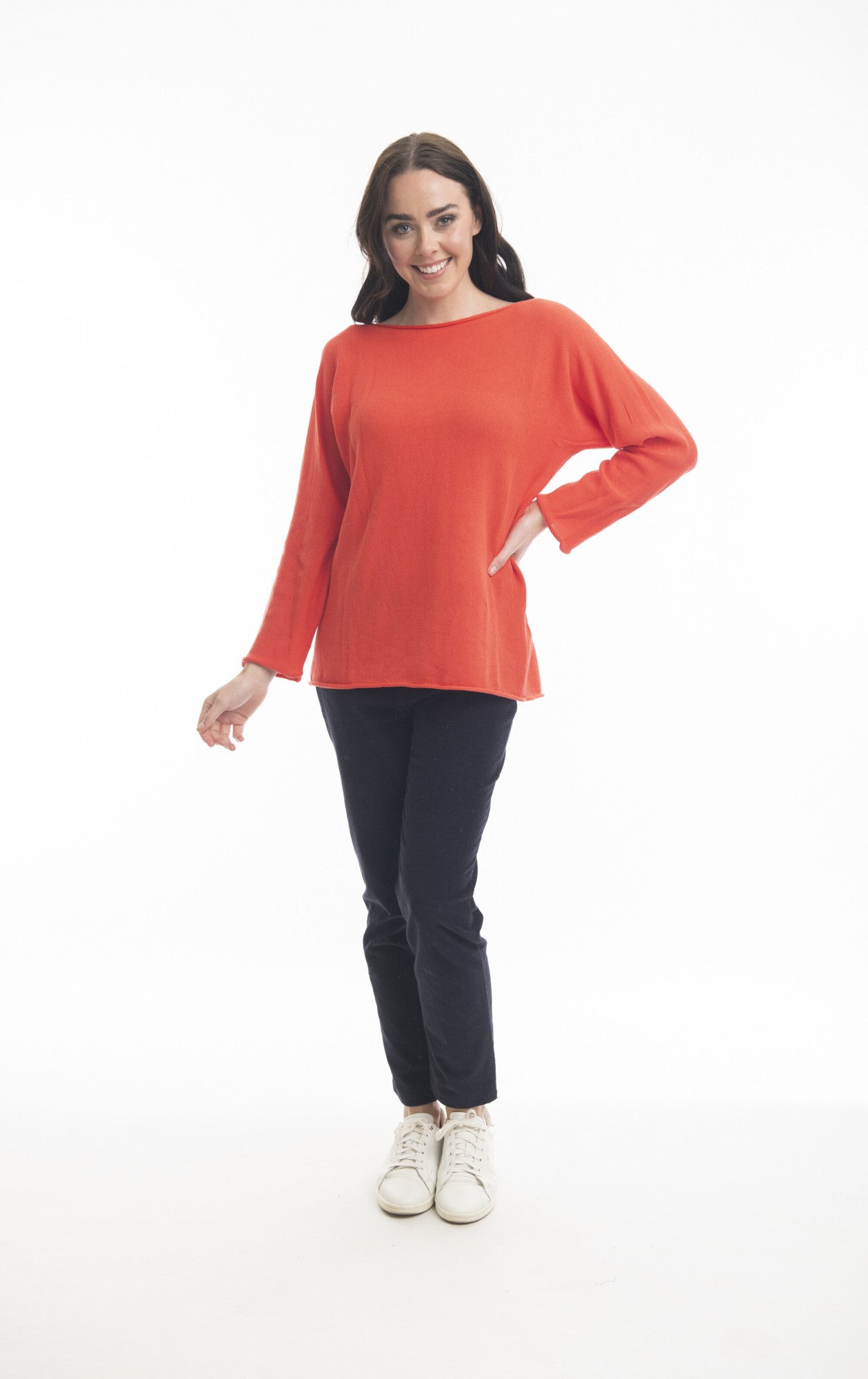 ORIENTIQUE - Trui katoen boothals 3/4 mouw - Flame Red*