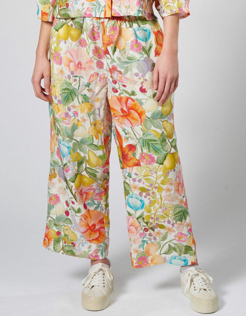 HIMALAYA - Linnen broek Saluki wit met bloem patroon