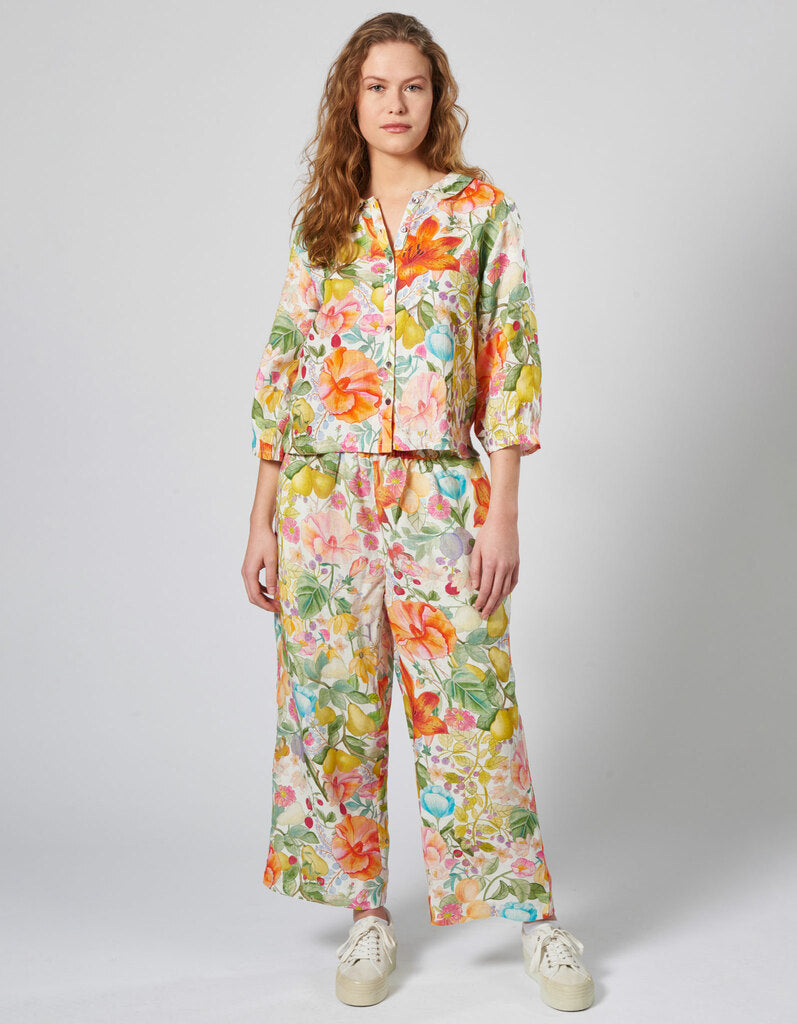 HIMALAYA - Linnen broek Saluki wit met bloem patroon