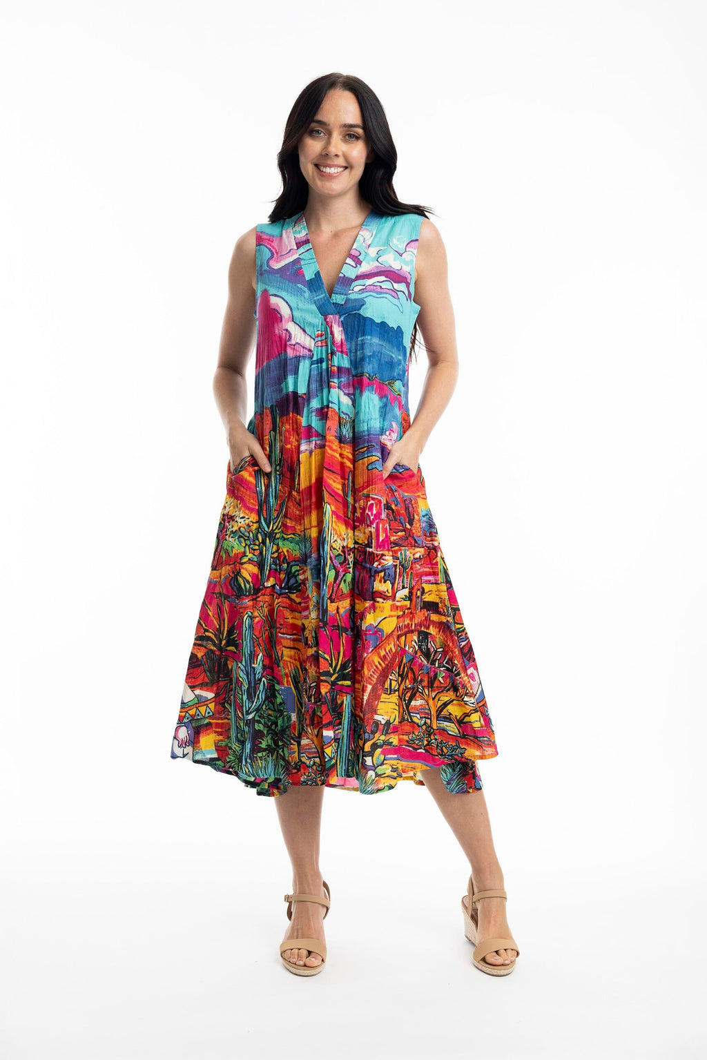 ORIENTIQUE - Ocampo mouwloze jurk met V-hals - Print#