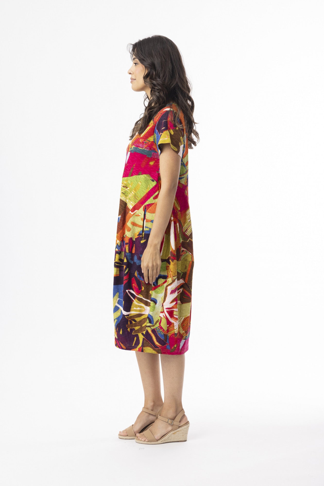 ORIENTIQUE - Jurk Bubble short sleeves -21151LR - Leaves Red#