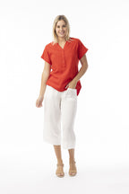 ORIENTIQUE - Linnenmix Essentials Top V hals - Red