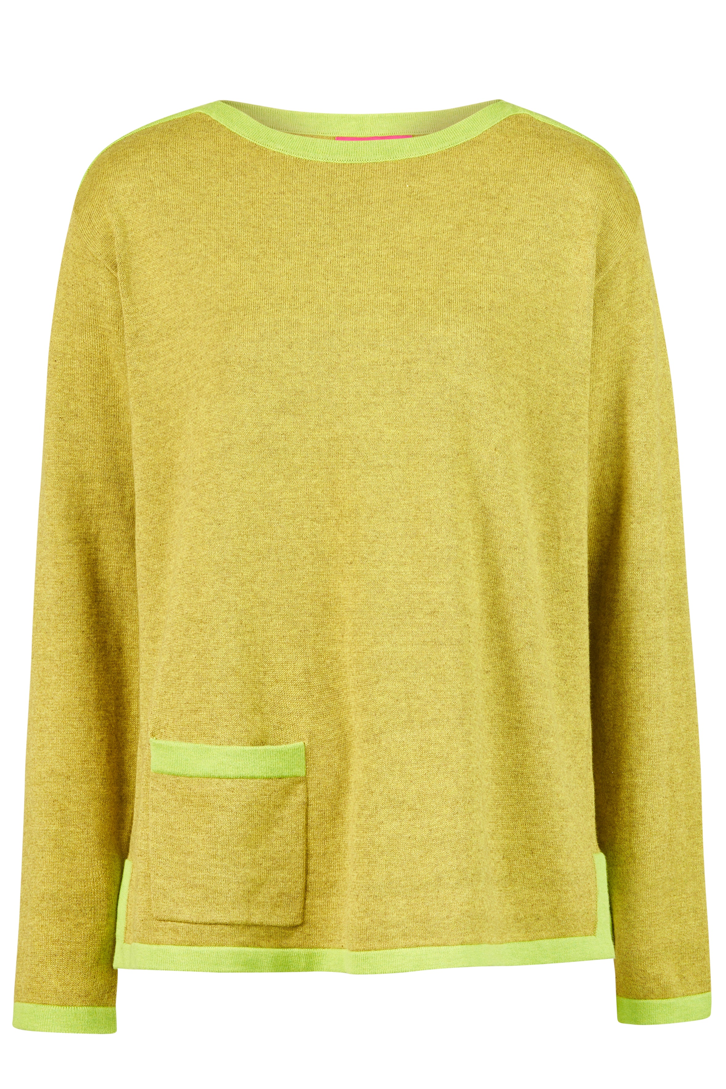 Himalaya trui Noella in olive met limegroene contrastboorden