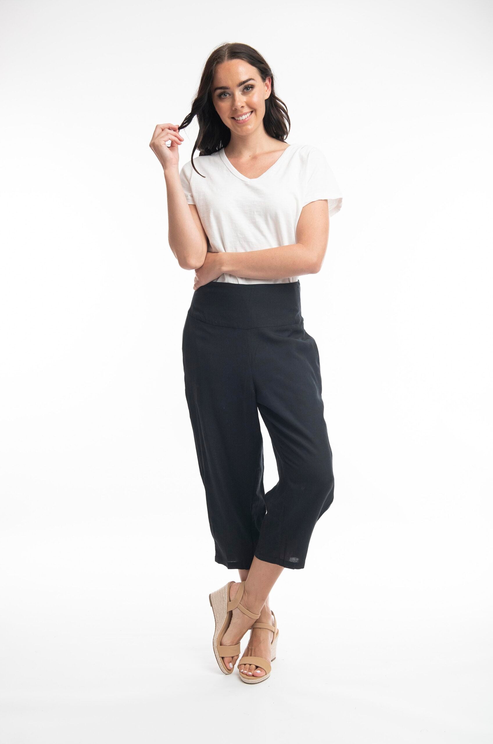 ORIENTIQUE - 3/4 linnen broek 6688 - Black*