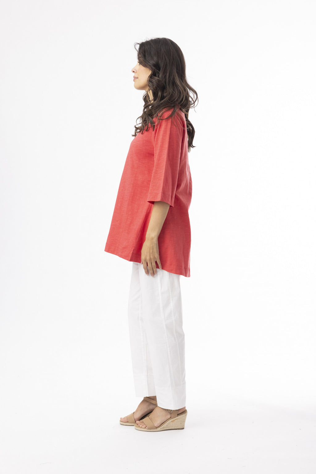 ORIENTIQUE - Essentials T-Shirt 3/4 mouw V-hals - Red 92132