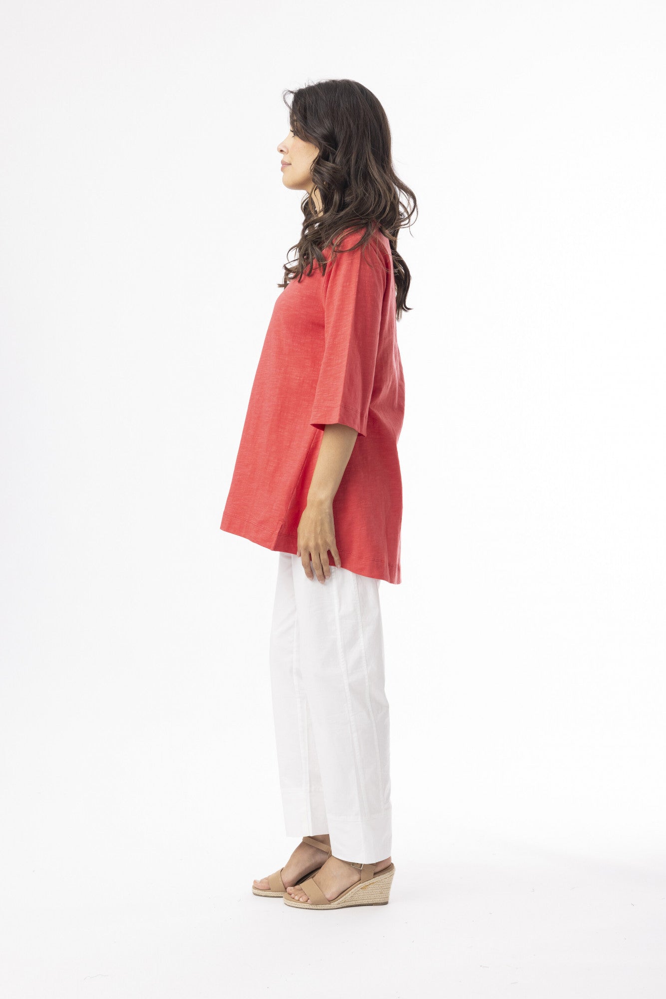 ORIENTIQUE - Essentials T-Shirt 3/4 mouw V-hals - Red 92132