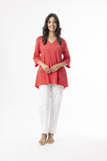 ORIENTIQUE - Essentials T-Shirt 3/4 mouw V-hals - Red 92132
