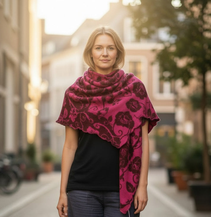 Invero Rosenmuster - Driehoekige Merino omslagdoek Aurora 100% wol - Chianti/Malve magenta