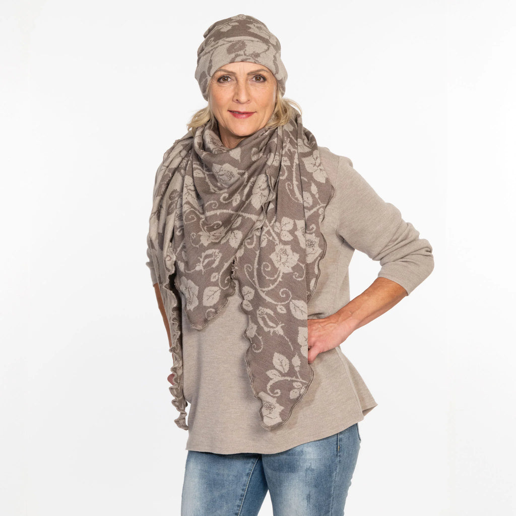 Invero Rosenmuster - Driehoekige Merino omslagdoek Aurora 100% wol - Erde/Sand