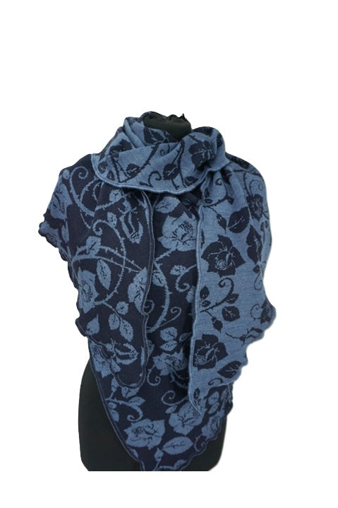 Invero Rosenmuster - Driehoekige Merino omslagdoek Aurora 100% wol -Marine/Jeans