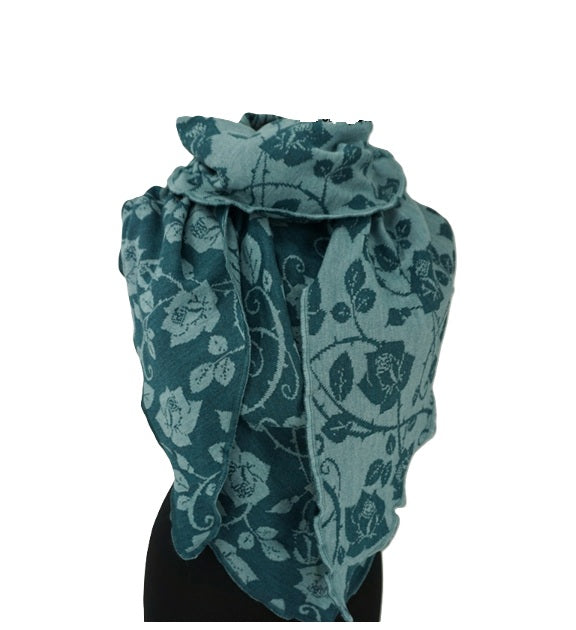 Invero Rosenmuster - Driehoekige Merino omslagdoek Aurora 100% wol - Petrol/Seegrün