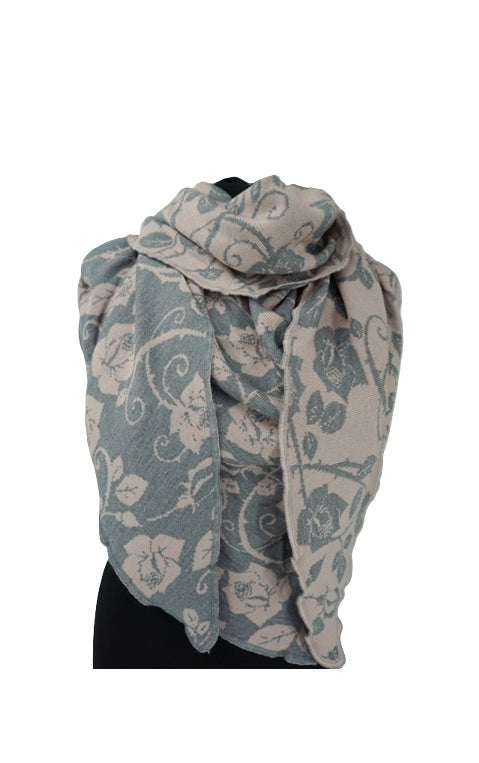 Invero Rosenmuster - Driehoekige Merino omslagdoek Aurora 100% wol - Grau/Rose