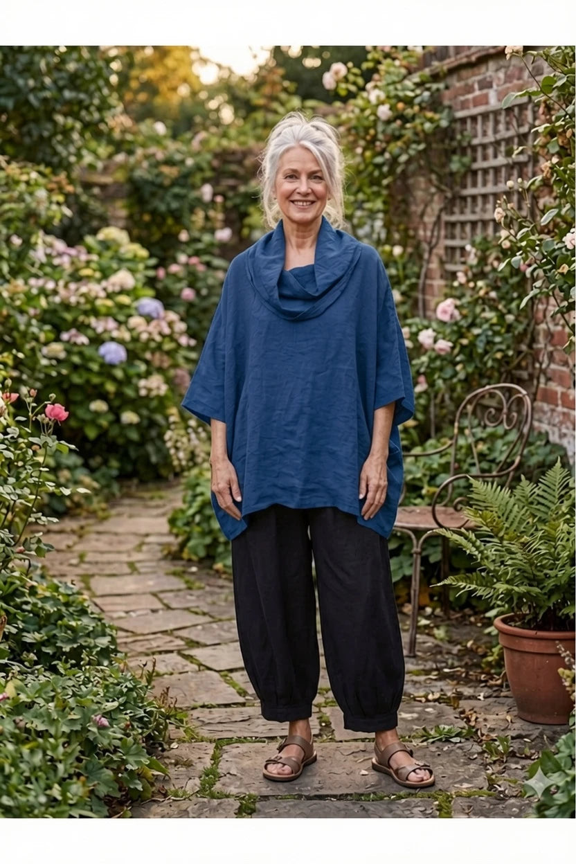 BB Style - Oversized Linnen blouse met opvallende col - Donker jeansblauw