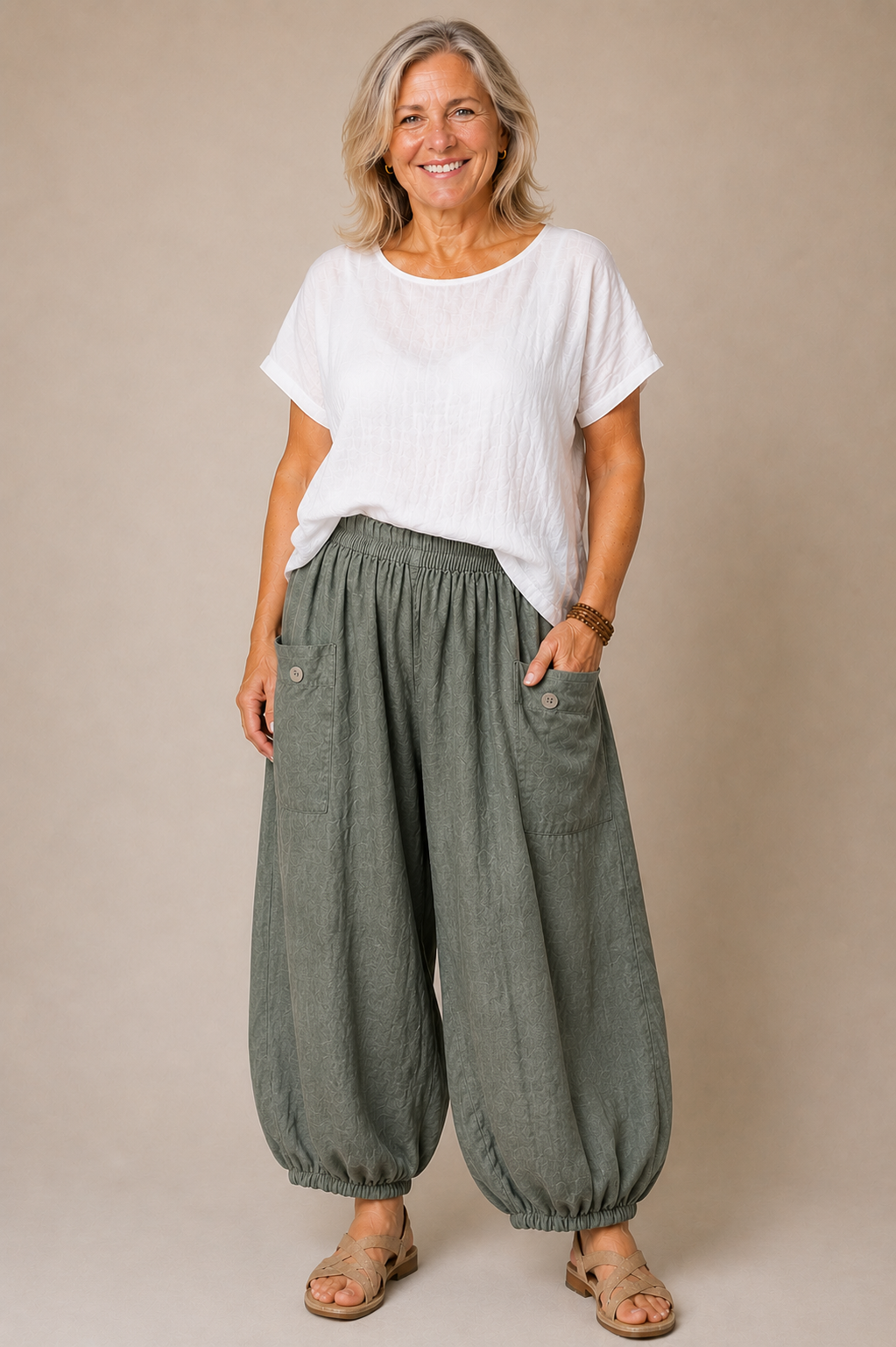 BB Style - Linnen broek zakken met knoop - Grijsgroen