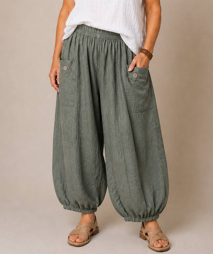 BB Style - Linnen broek zakken met knoop - Grijsgroen