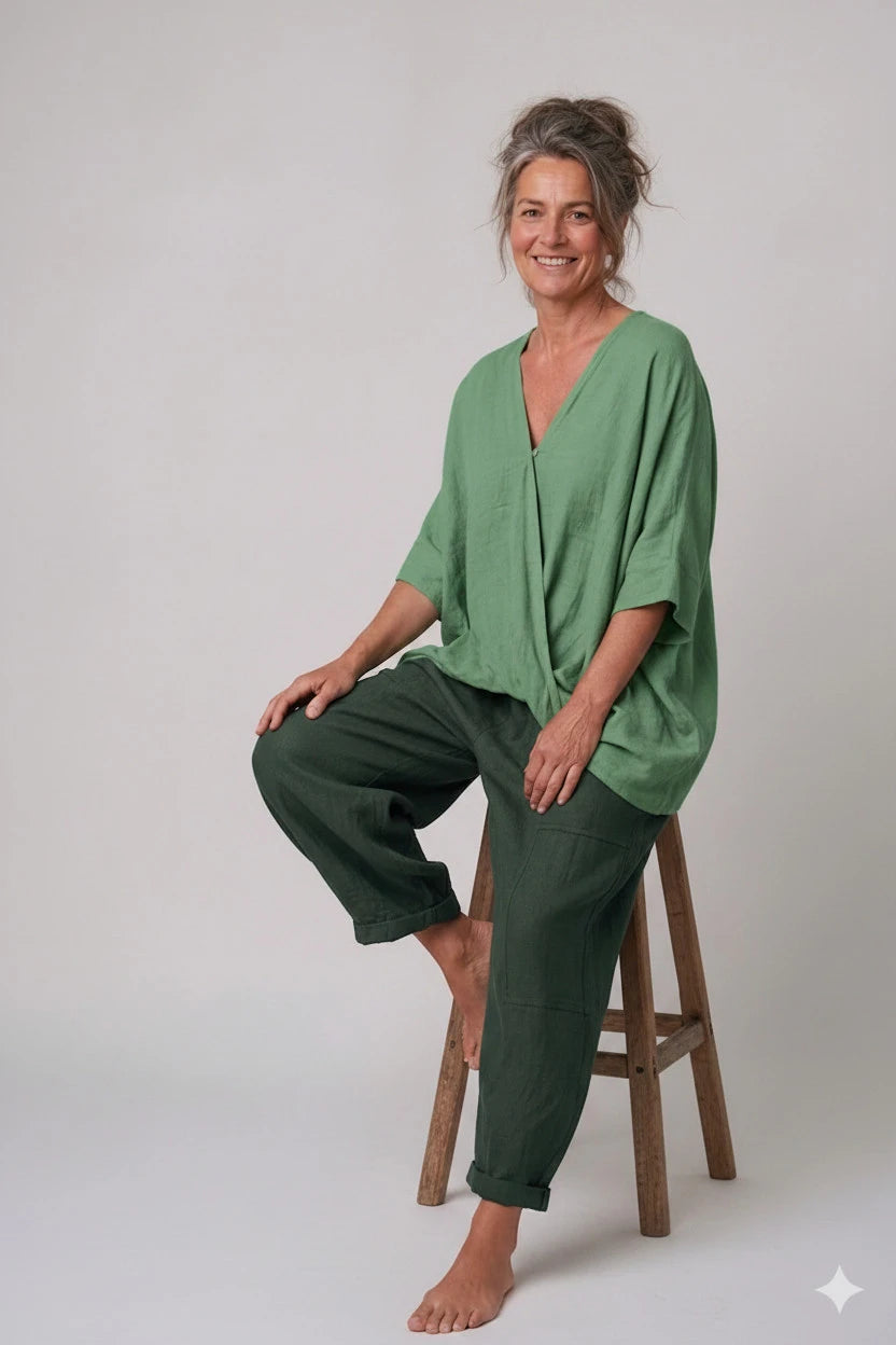 BB Style - Oversized Linnen "Cross over" blouse - Groen