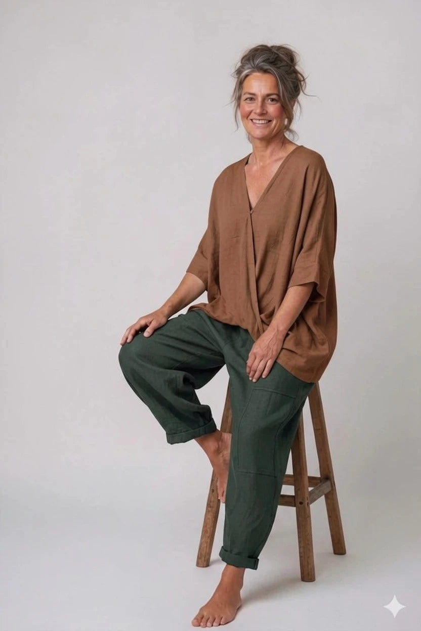BB Style - Oversized Linnen "Cross over" blouse - Koffiebruin