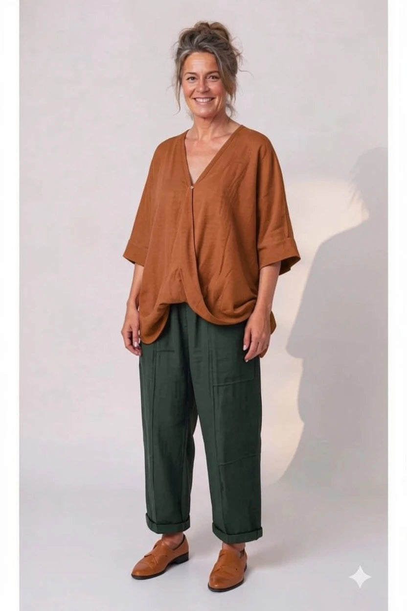 BB Style - Oversized Linnen "Cross over" blouse - Roestbruin