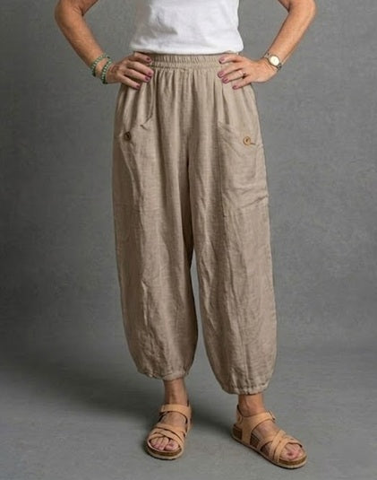 BB Style - Linnen broek zakken met knoop - Beige