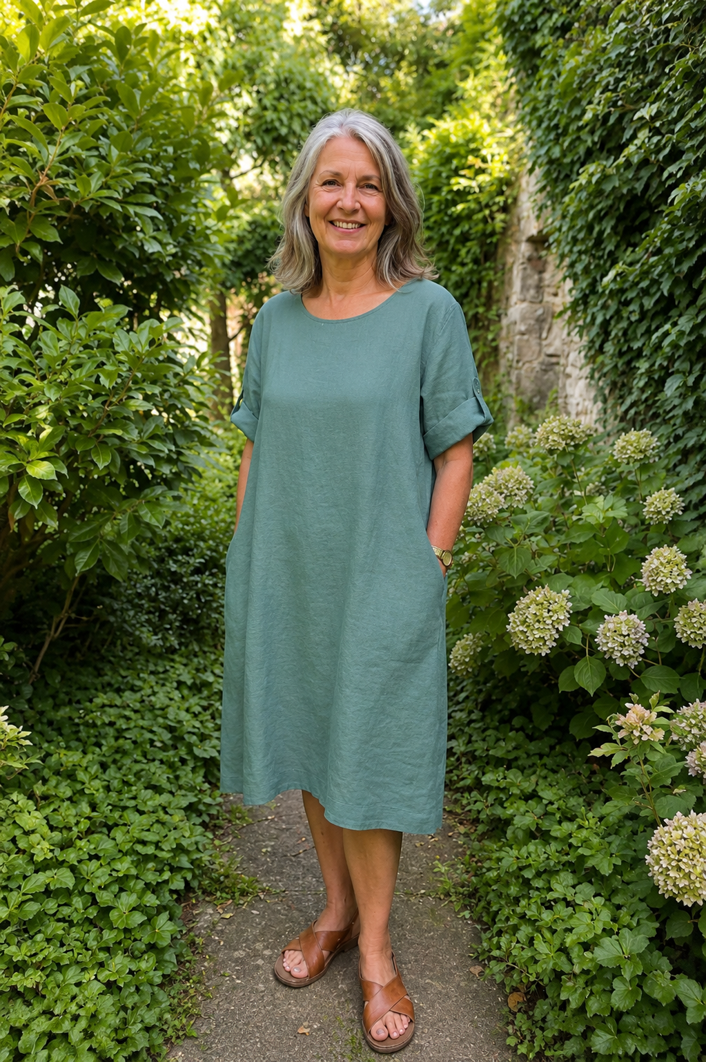 BB style -  Linnen jurk - Ronde hals - Blauw groen
