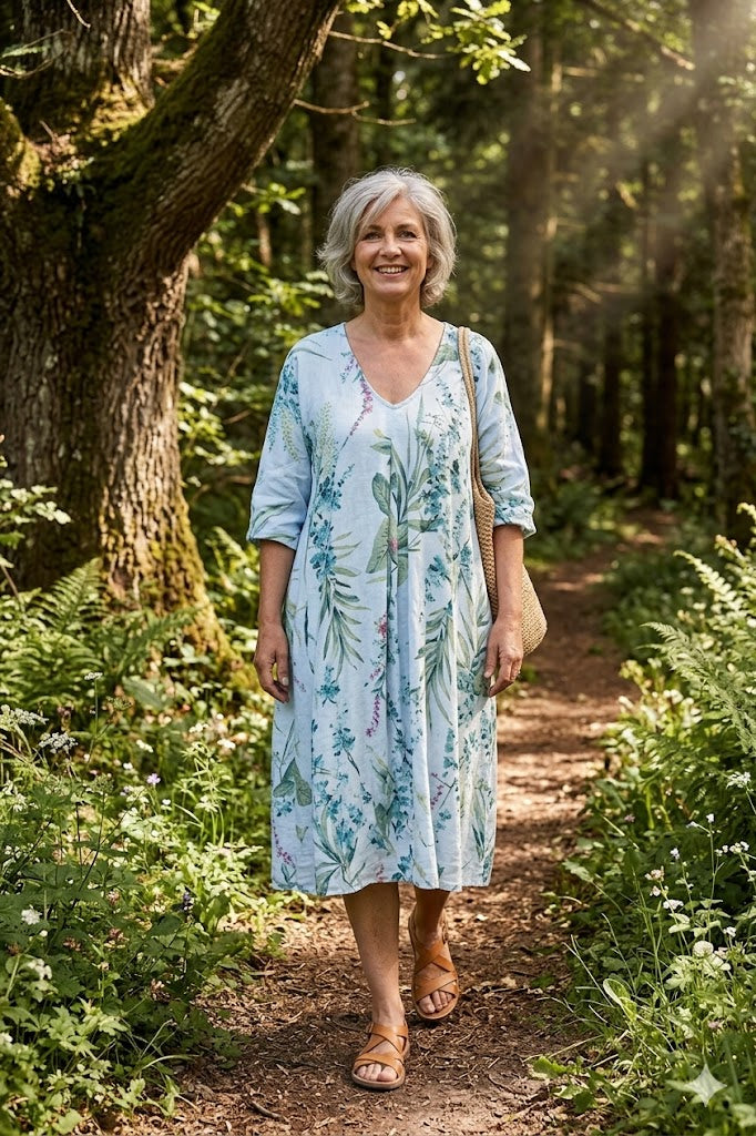 BB Style - Linnen jurk midi V hals - Bloem lichtblauw