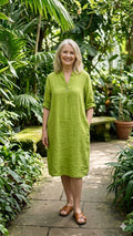 BB style -  Linnen jurk V hals met knoopjes - Lime groen