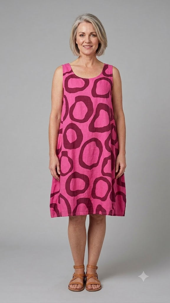 BB Style - Linnen mouwloze ballon jurkje - Magenta met cirkels