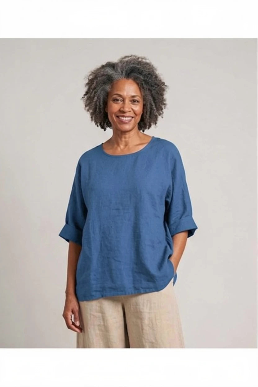 BB Style - Linnen top ronde hals - Uni Petrol blauw