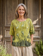 BB Style - Linnen top ronde hals - lime groen bloemen