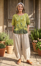 BB Style - Linnen top ronde hals - lime groen bloemen