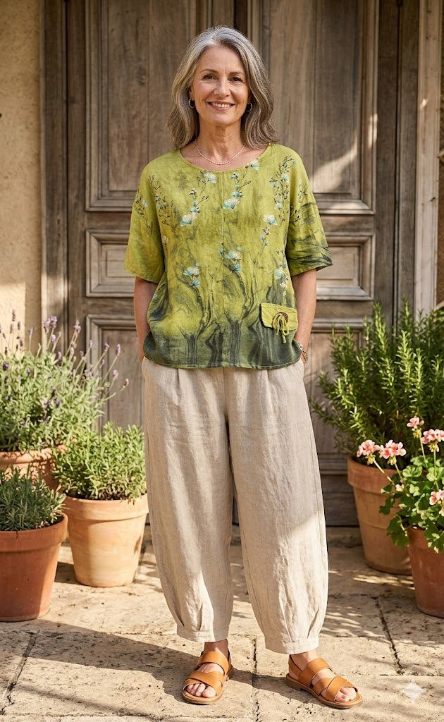 BB Style - Linnen top ronde hals - lime groen bloemen