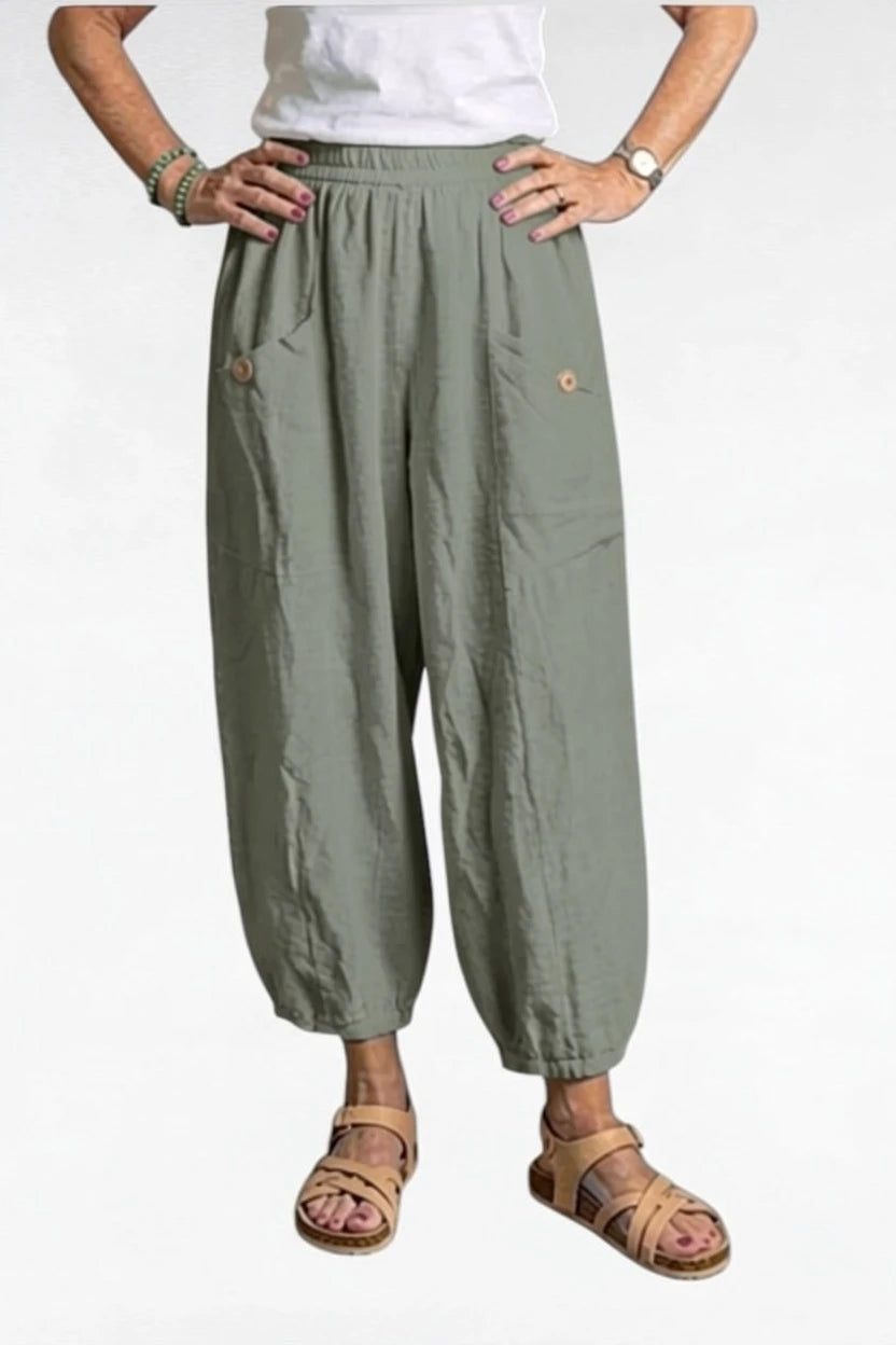 BB Style - Linnen broek zakken met knoop - Olijf