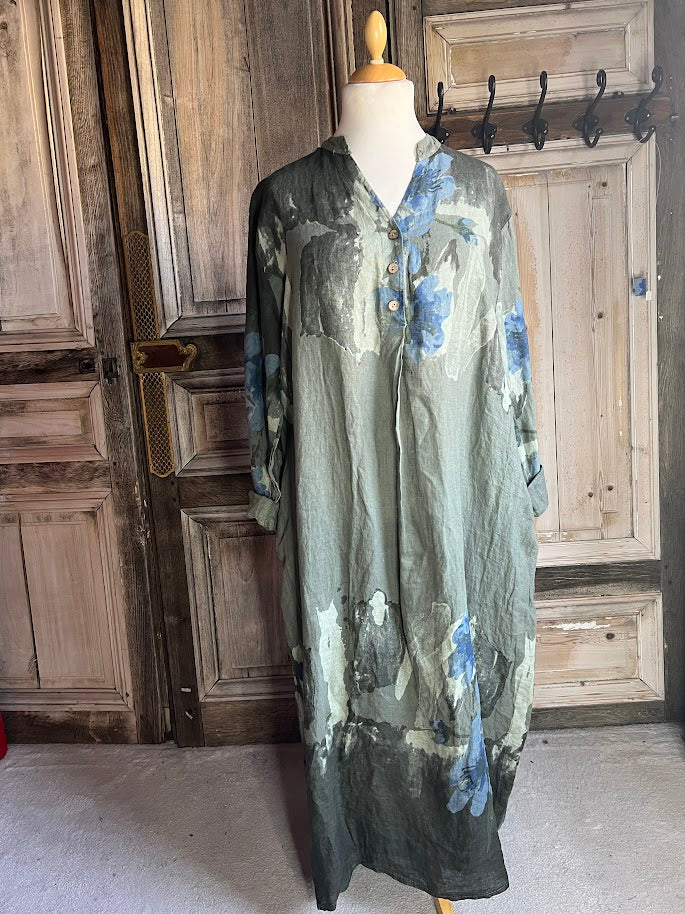 BB Style - Lange linnen jurk - Olijfgroen print