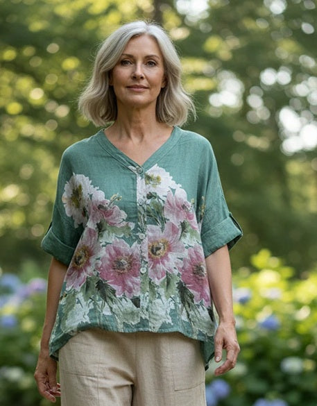 BB Style - Linnen blouse bloem - Groen