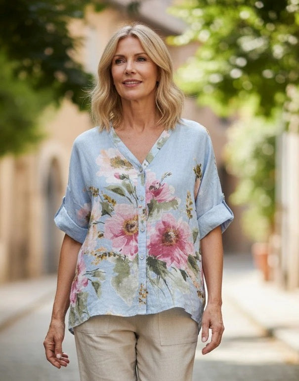 BB Style - Linnen blouse bloem - Zachtblauw