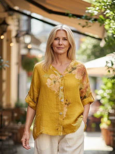 BB Style - Linnen blouse bloem - Mosterdgeel
