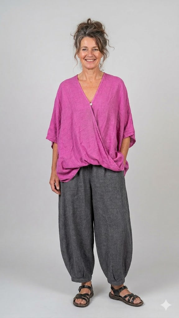 BB Style - Oversized Linnen "Cross over" blouse - Roze-magenta