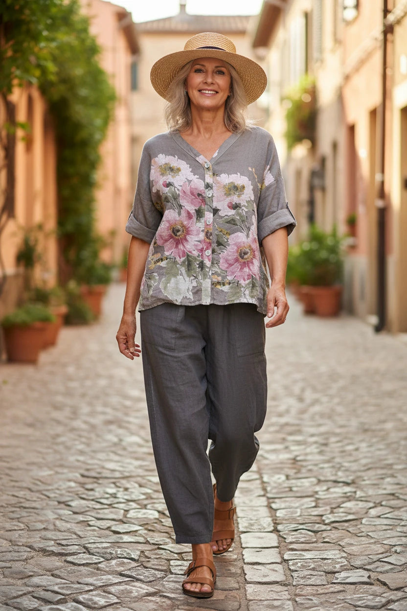 BB Style - Linnen blouse bloem - Taupe