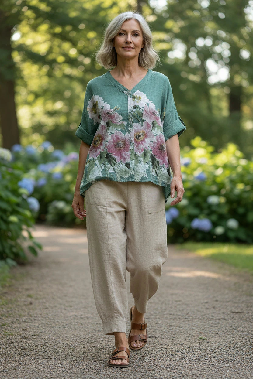 BB Style - Linnen blouse bloem - Groen
