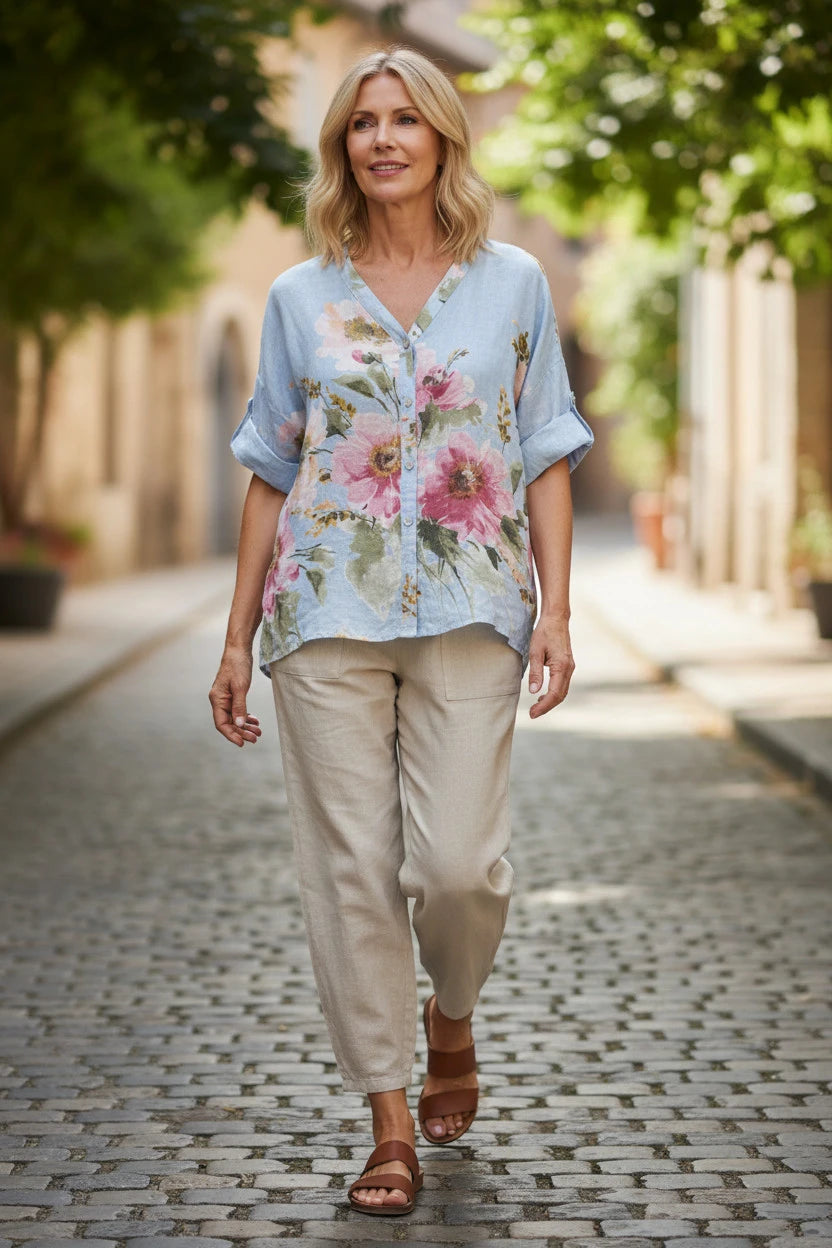 BB Style - Linnen blouse bloem - Zachtblauw
