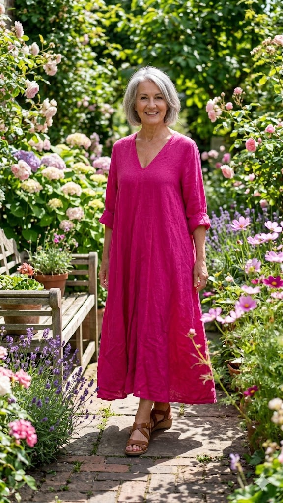 BB Style - Linnen jurk V hals lang mouwen - Magenta XXL