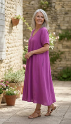 BB Style - Linnen jurk V hals korte mouwen - Magenta