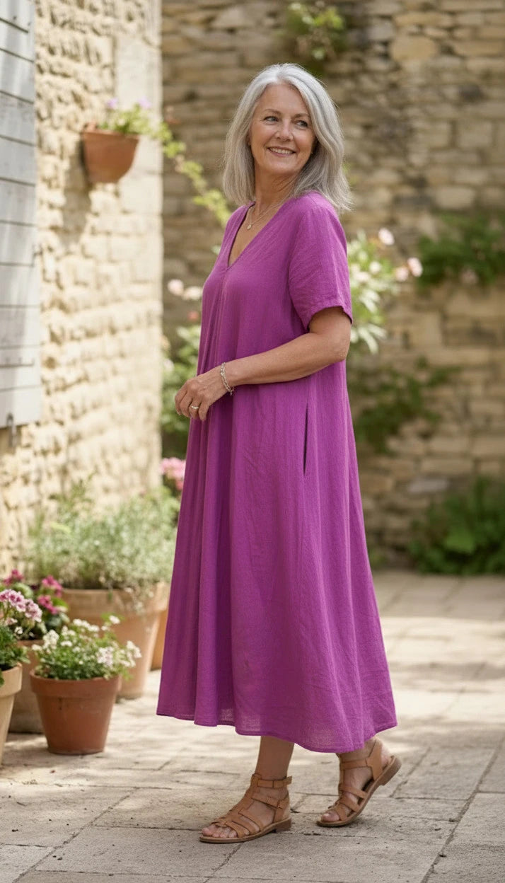BB Style - Linnen jurk V hals korte mouwen - Magenta