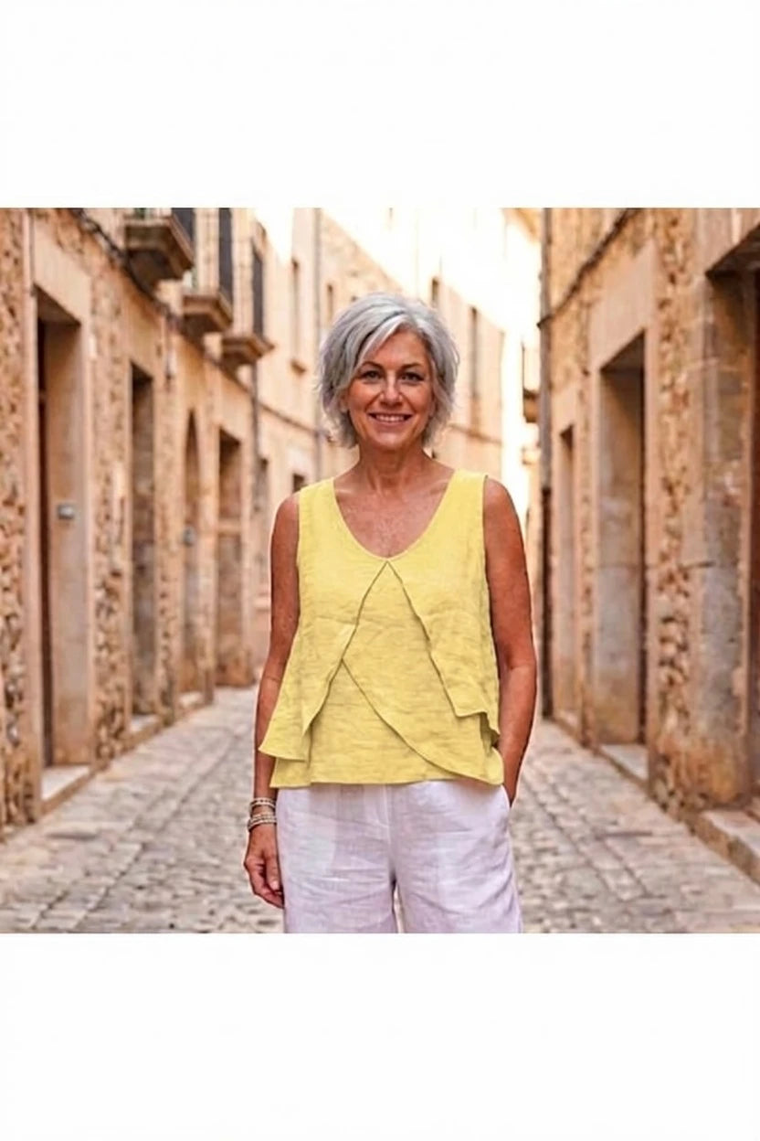 BB Style -Mouwloze Linnen lagen top met  ronde hals - Geel